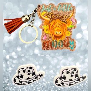 Highland Cow Keychain • Black & White Cow Print Cowboy Studs Western Acrylic